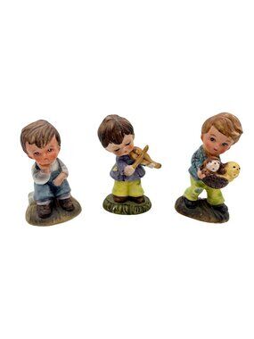 Vintage Hand-Painted Ceramic Boy Figurines Set Of 3 Playing Violin Basket & Sitt